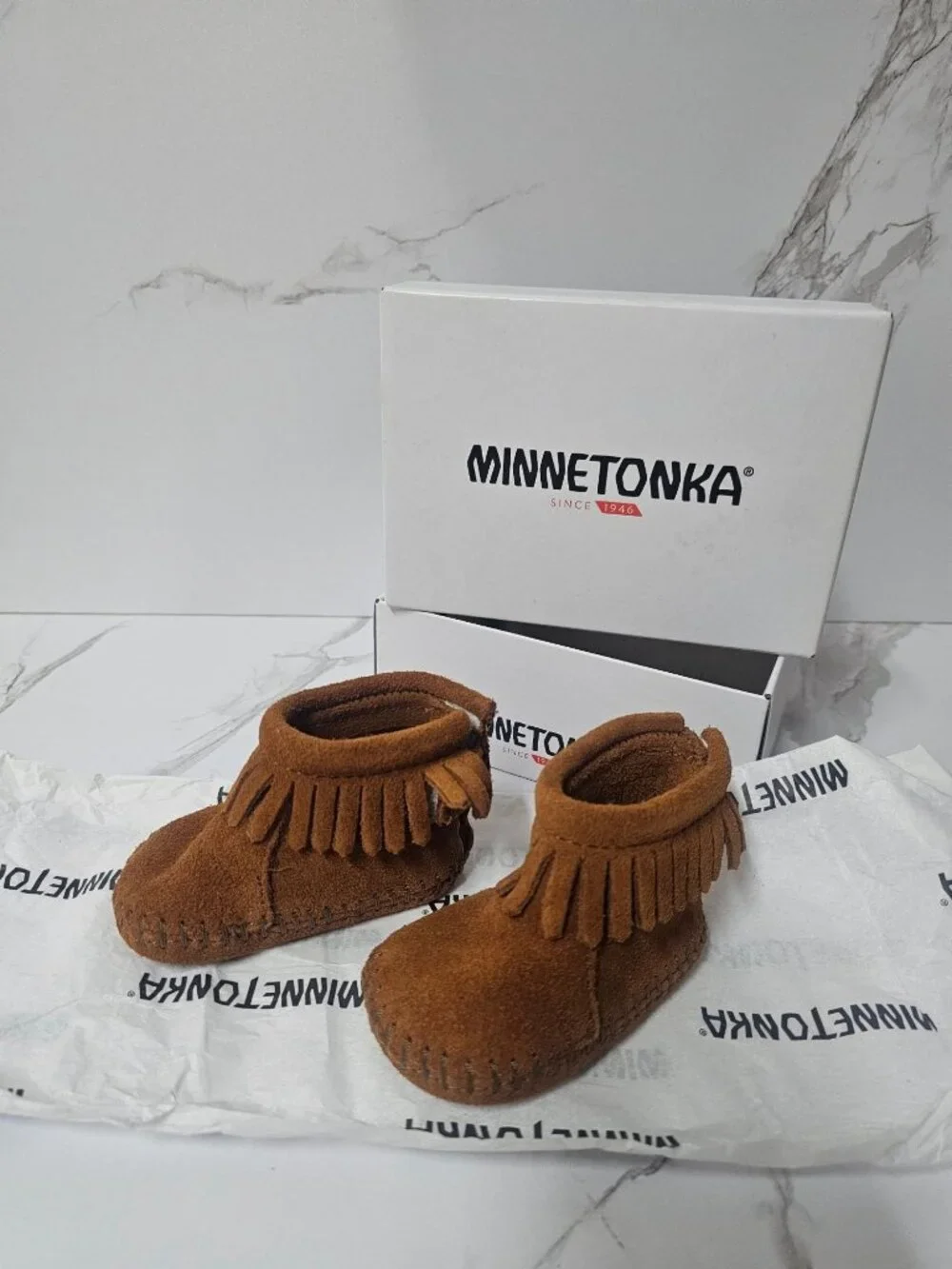 Minnetonka Infant Back Strap Bootie Brown Size 0 Baby Moccasin Shoes 1182
